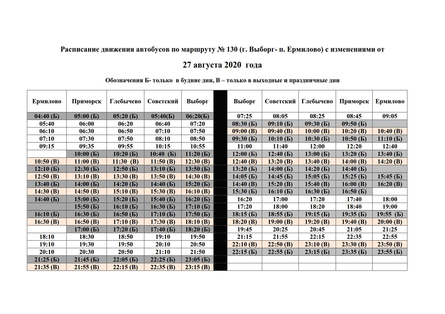 Расписание движения автобусов по маршруту № 130 (г. Выборг- п. Ермилово) с  изменениями от 27 августа 2020 года | Приморское ГП